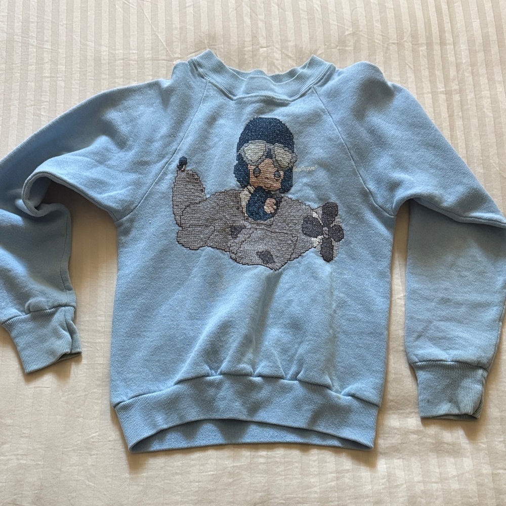 Vintage Blue Cross stitch Sweatshirt with Airplane Design